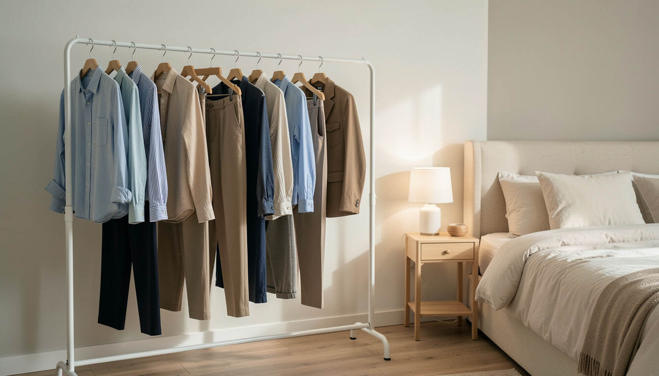 Build a personal uniform that reduces daily decisions: editorial still life showing silhouette, colour repeat, and an accessory limit
