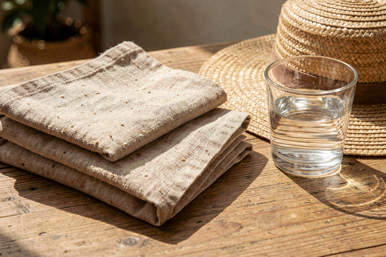 Choose linen and hemp for warm weather wardrobes: editorial still life showing the main ideas in context