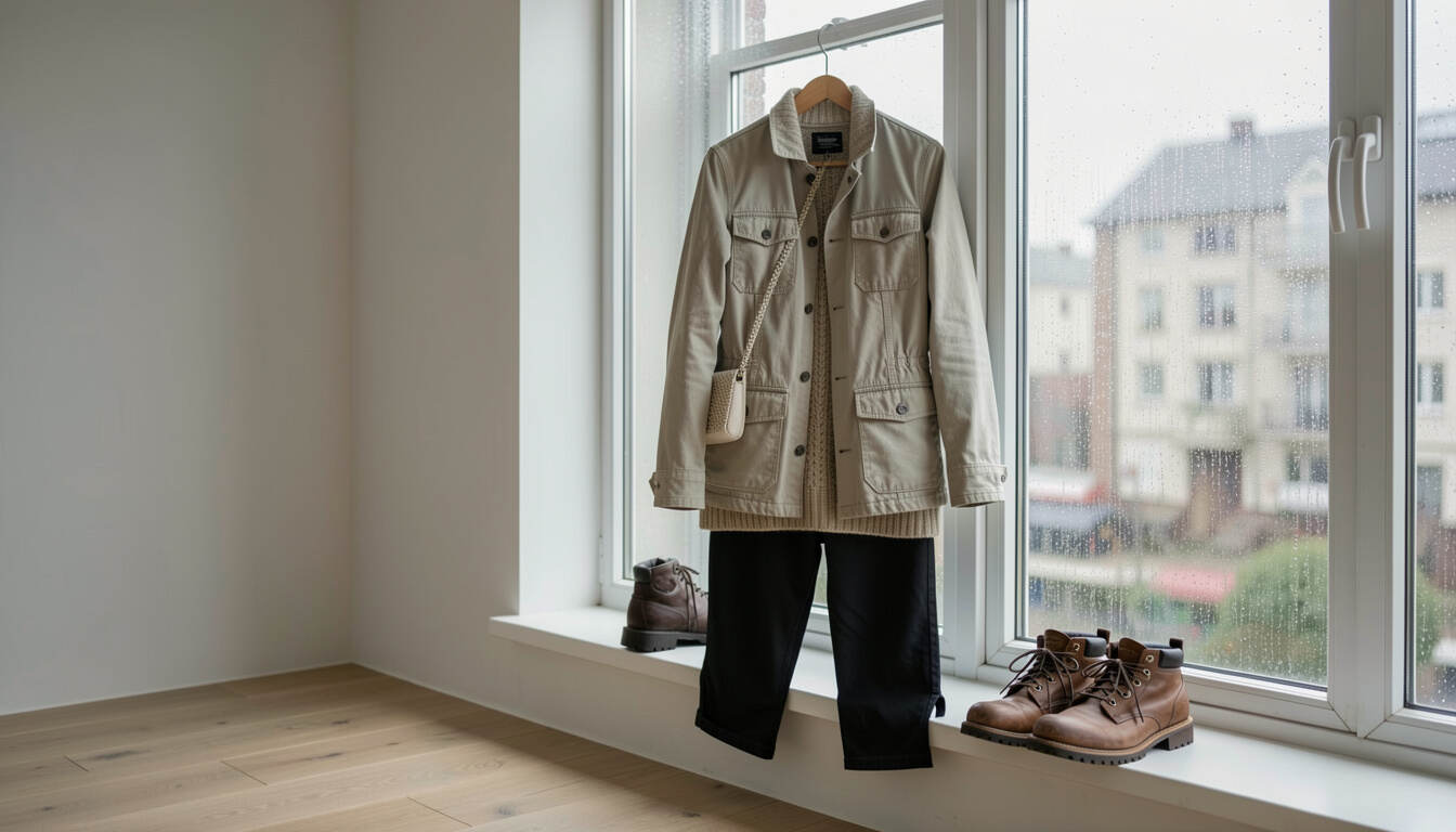 Dress for your actual climate instead of fashion seasons: editorial still life showing layer strategy, fabric choice, and footwear rotation