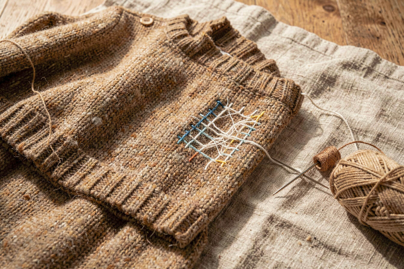 Mend a favourite jumper with visible darning: editorial still life showing the main ideas in context