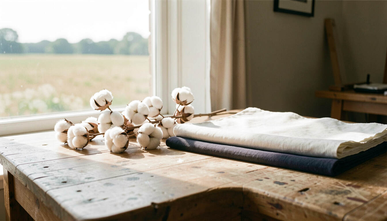Folded natural and recycled fabrics arranged beside a simple care notebook