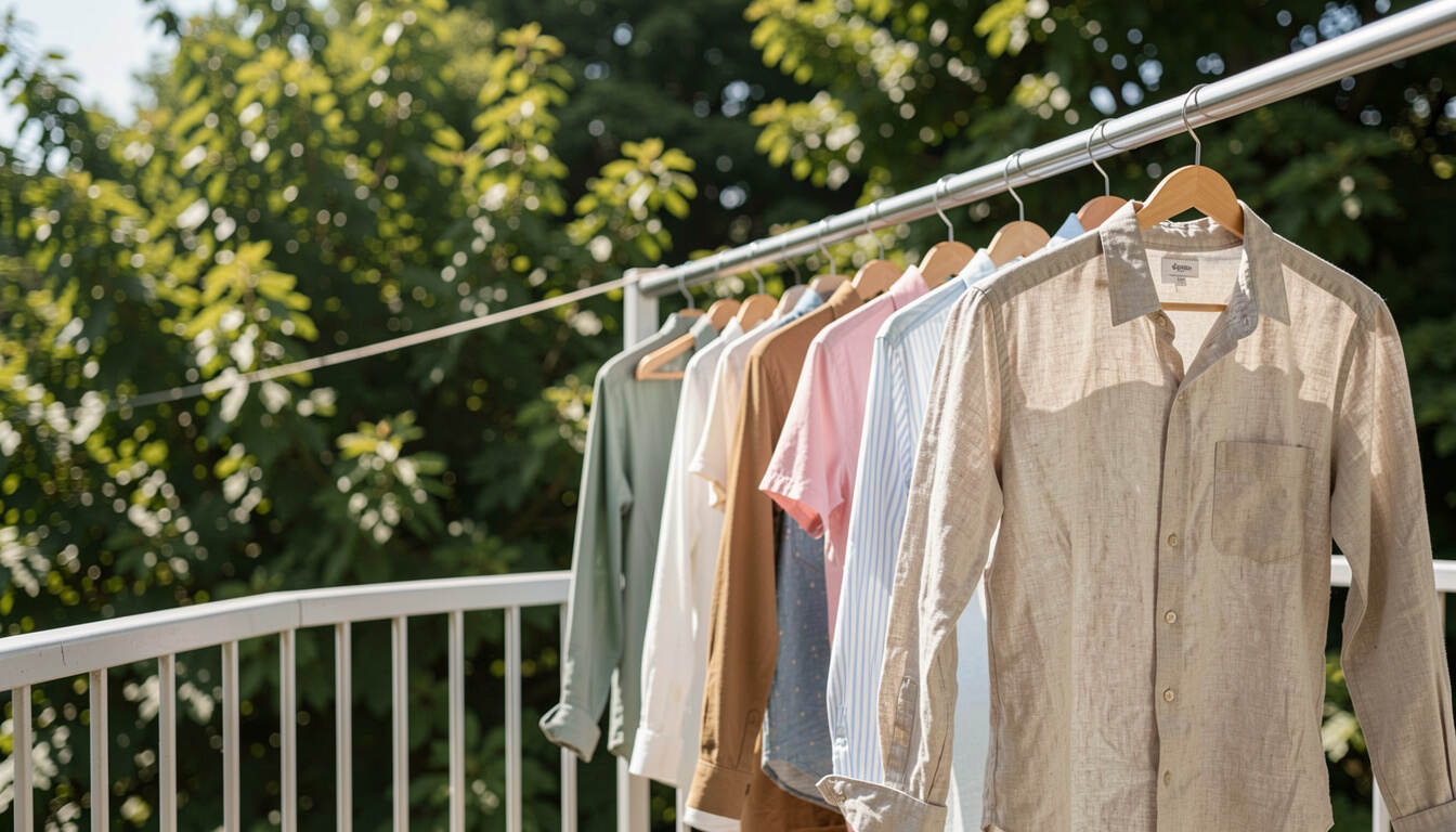 Wash clothes less often without losing freshness: editorial still life showing air drying, spot cleaning, and a fabric brush